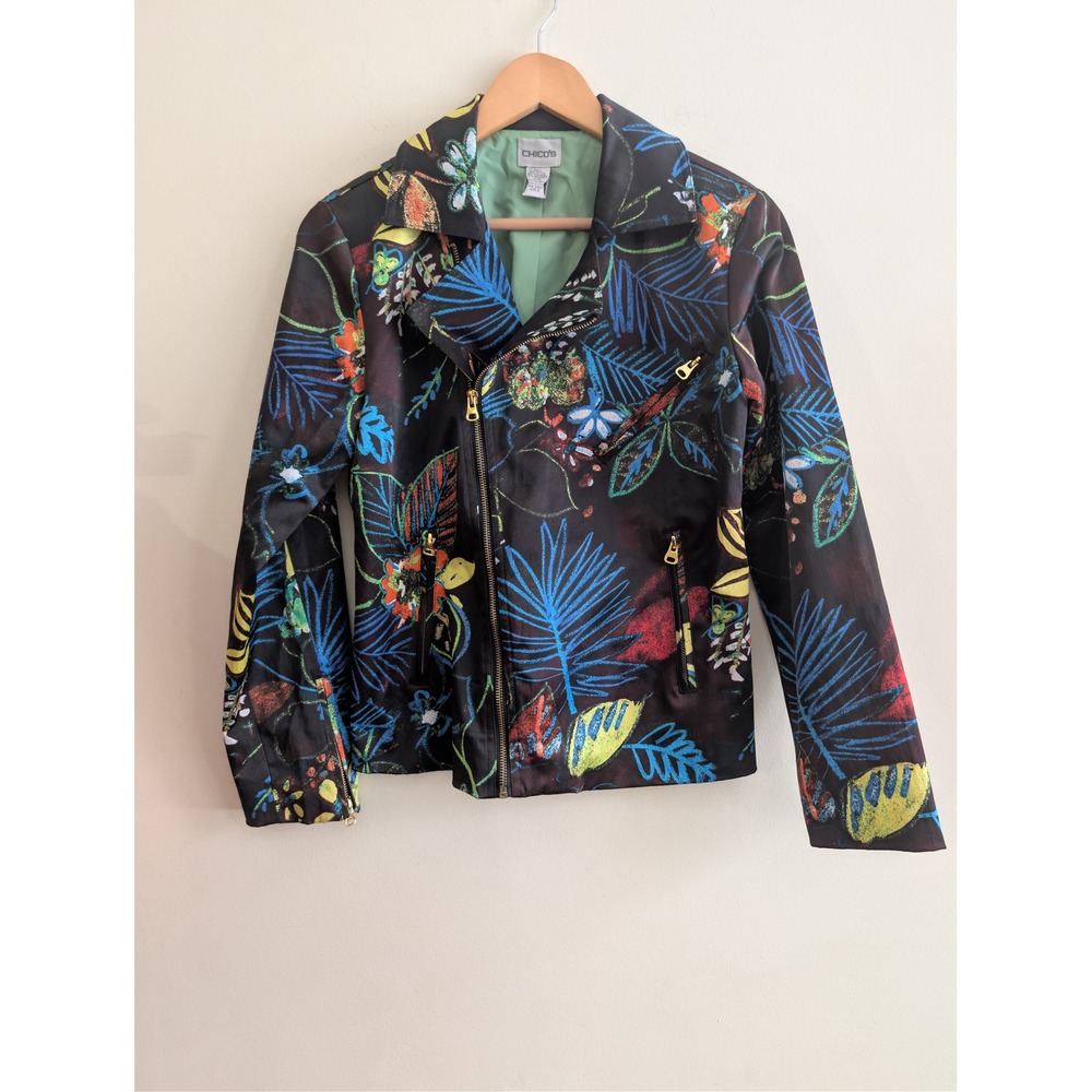 CHICOS Black Floral Print Moto Jacket Womens Sz S(4) Gold Zippers Abstract Bold